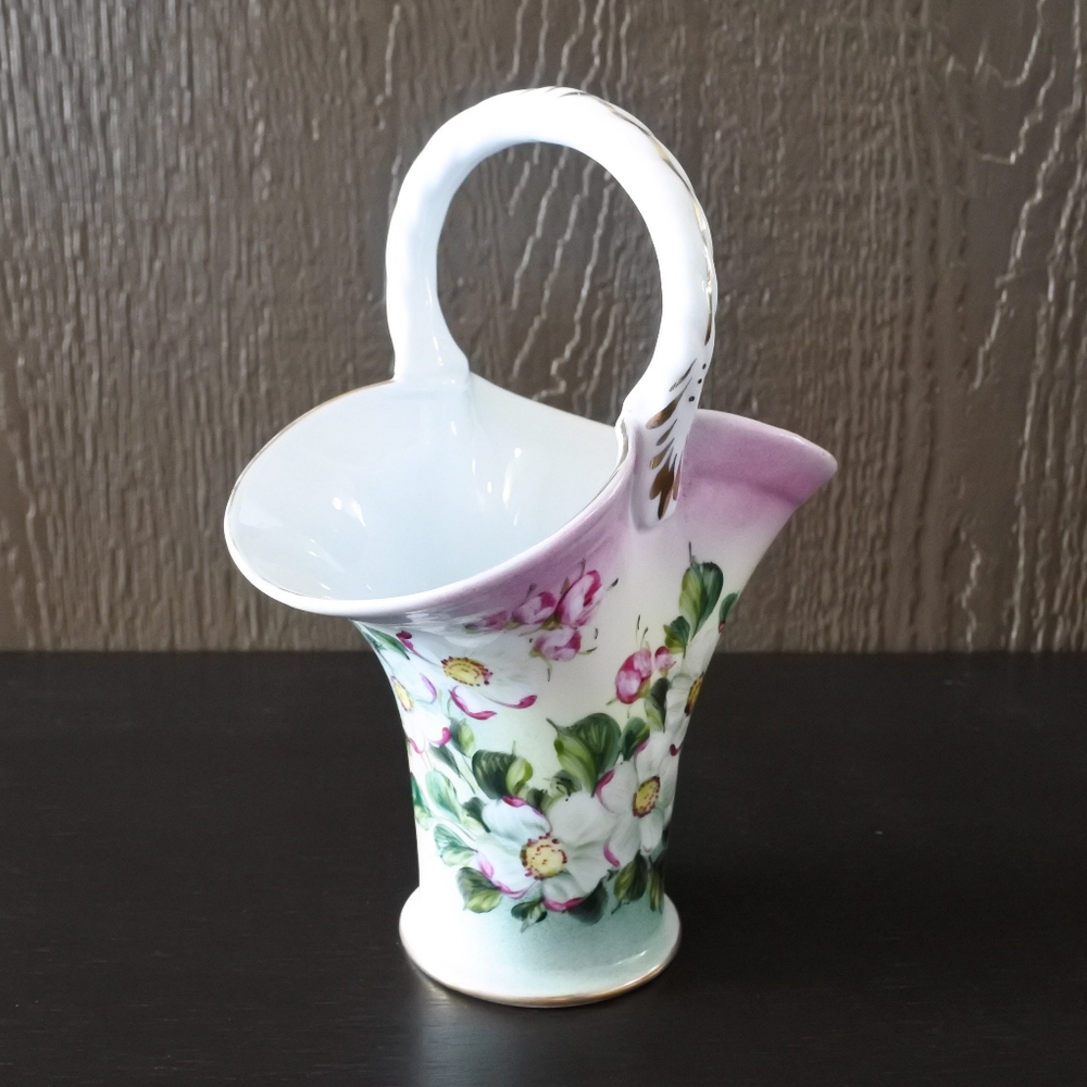 Vintage Art Pottery Hand Painted Flower Gilt Pink Green Basket Vase Decor